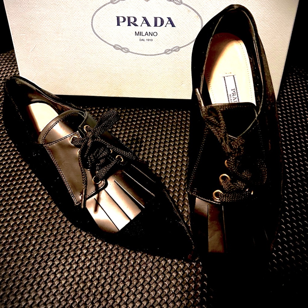 Black Velvet Prada loafer w/ leather fringe overlay.